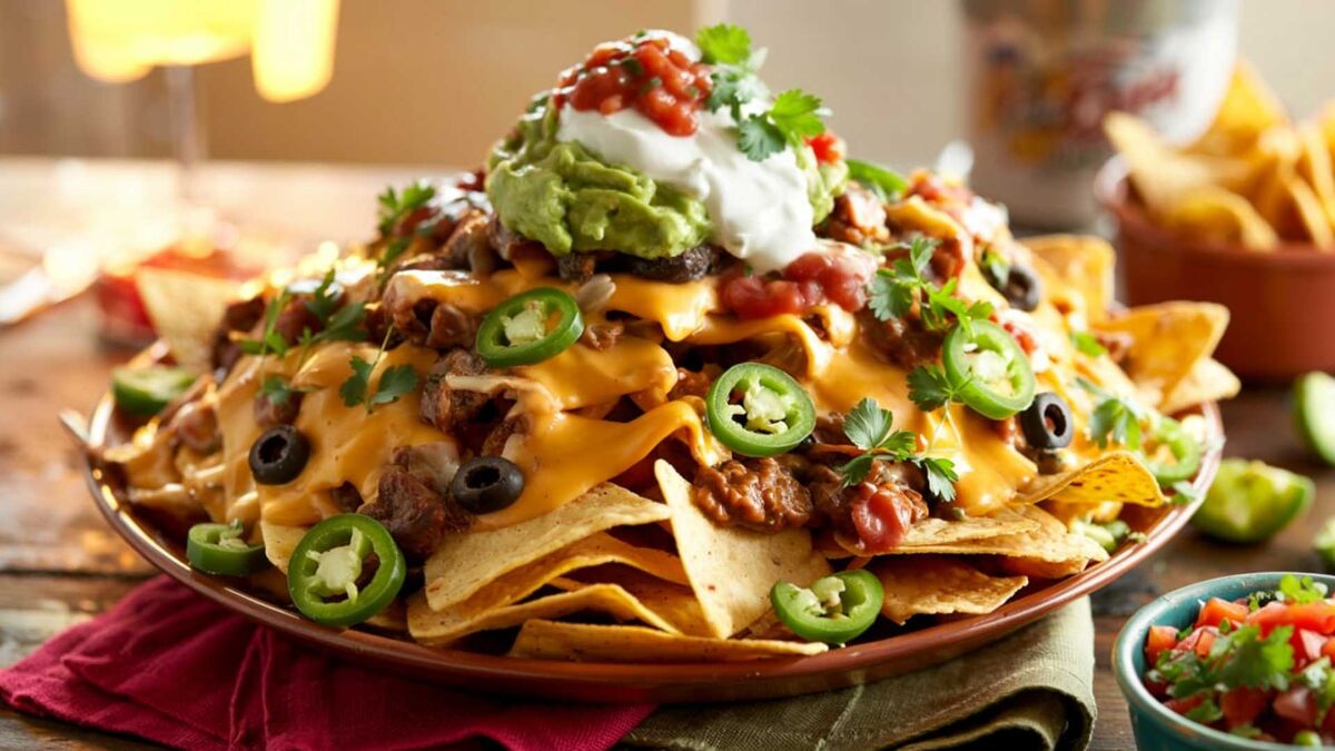 Na talerzu widać nachosy z dodatkiem roślinnego sosu serowego, czarnej fasoli, plasterków jalapeño, oliwek oraz kolendry. Na wierzchu ułożono guacamole, śmietankowy dip i salsę pomidorową, a w tle widoczne są miseczki z dodatkami.